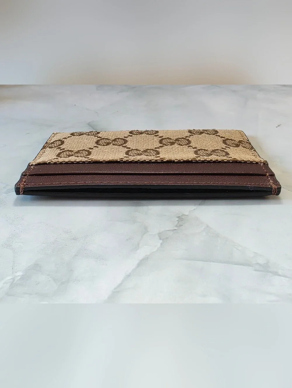 Gucci GG Canvas Card Holder Wallet Brown Leather Beige Brand New